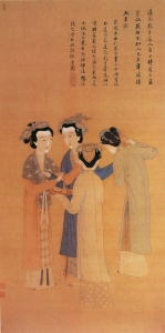 前蜀時代の絵画：唐寅（とういん、1470年～1523年）による宮廷の淑女。控えめなスタイルの召使いに比べ、髪を飾り立てているのが分かる。大きな屋敷の既婚女性と見られる。